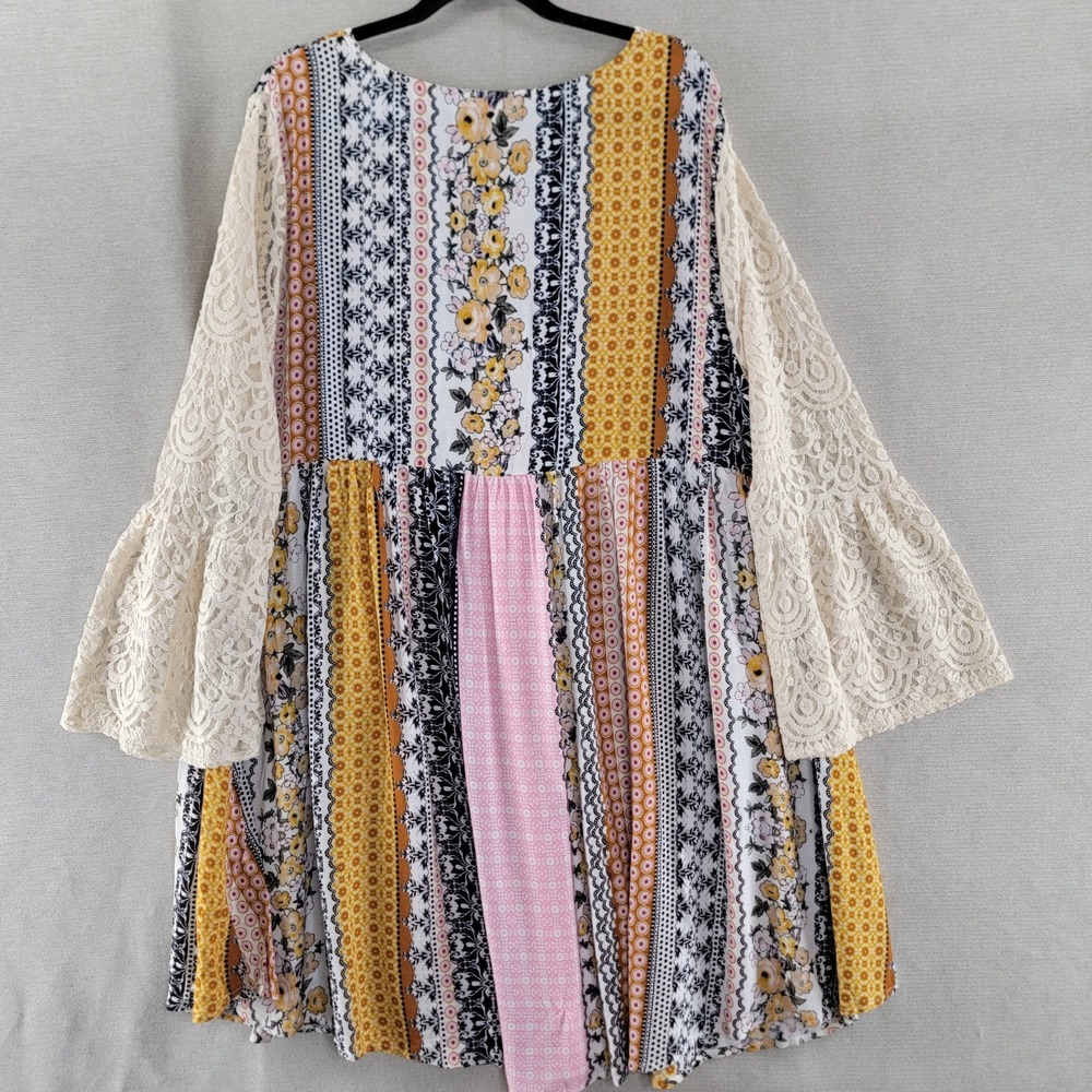Kori America Womens Patchwork Dress Boho Babydoll Crochet Bell Sleeve Size 1XL - Picture 2 of 7